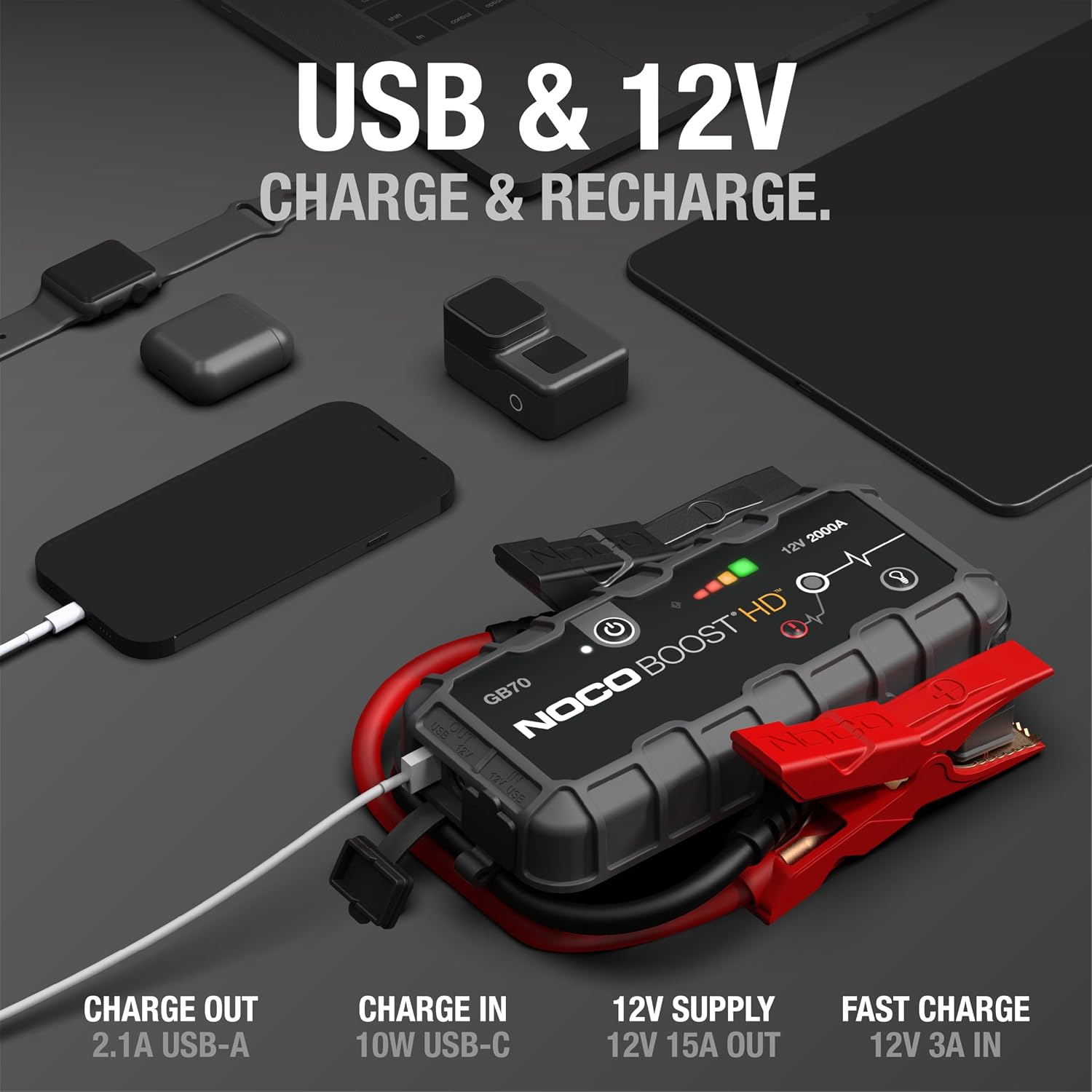 NOCO Boost HD GB70 2000A 12V Heavy-Duty Profesyonel Akü Takviye Cihazı - Açı 4